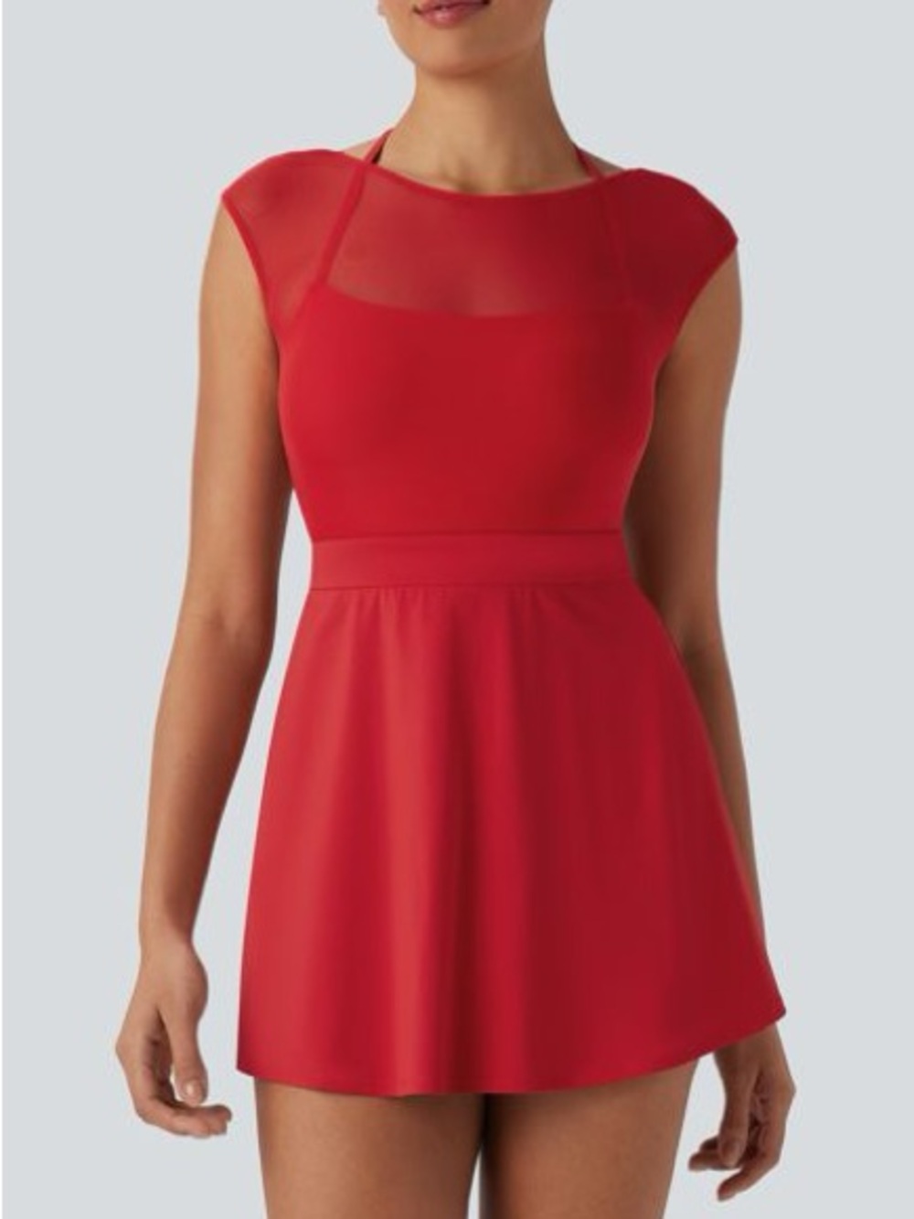 NWOT Halara SoftlyZero Halter Adjustable Contrast Mesh Mini Dress in Mars Red